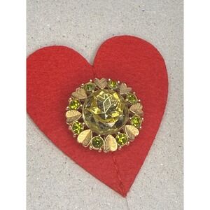 VTG Avon brooch pendant brush gold green stone accent heart/leaf SEE description
